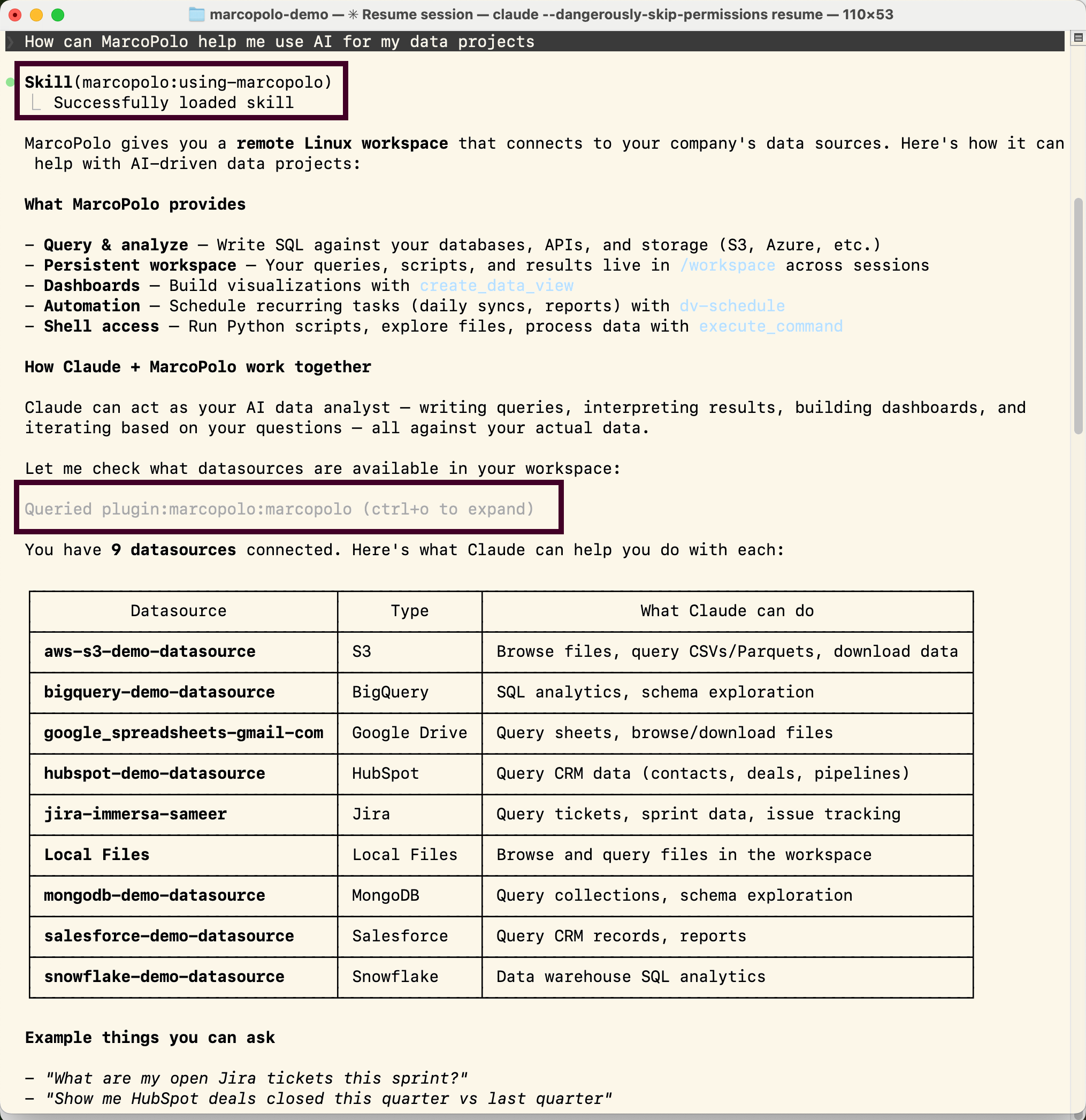 Claude Code showing the using-marcopolo skill loading and listing connected data sources