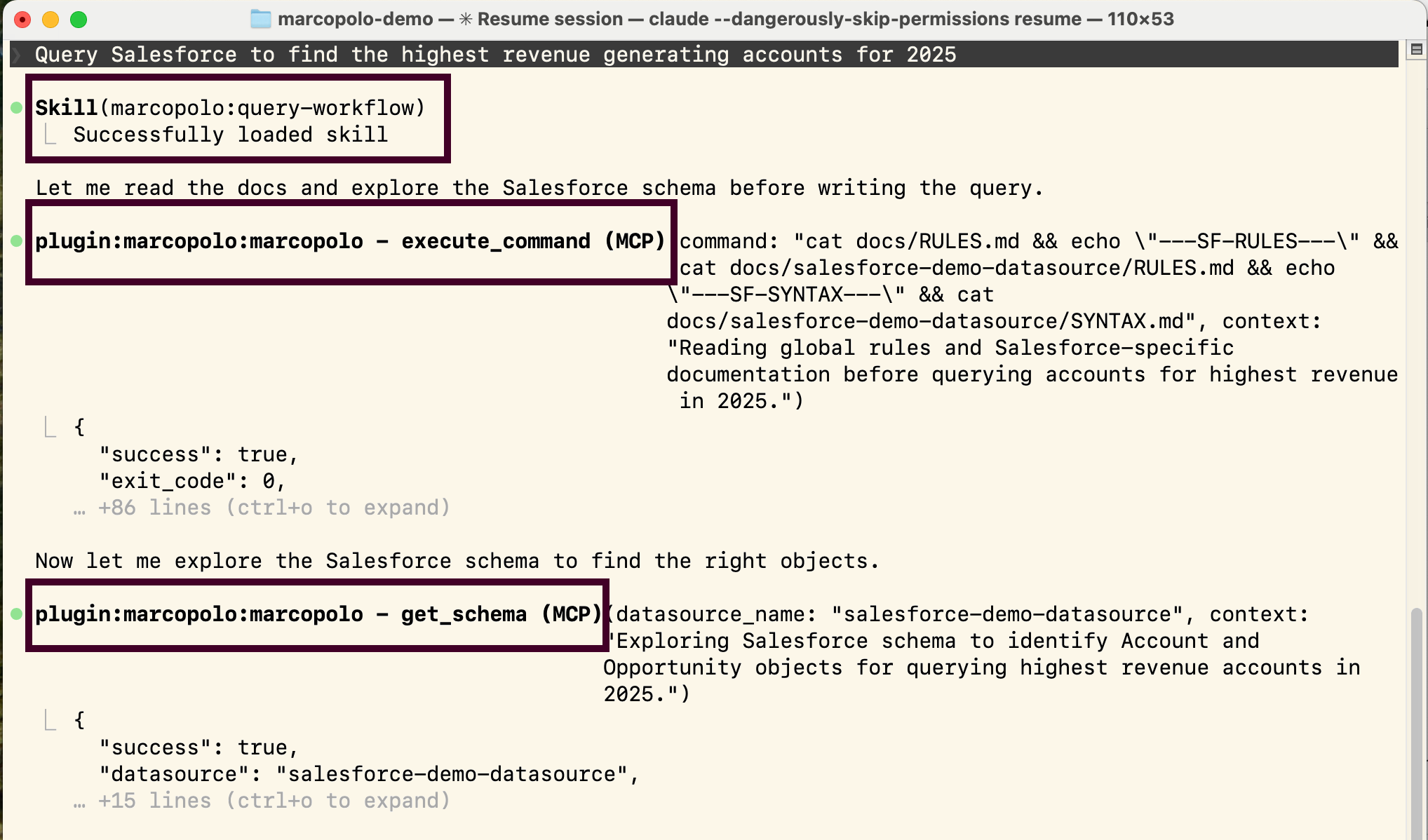 Claude Code showing the query-workflow skill loading before reading docs and exploring schema