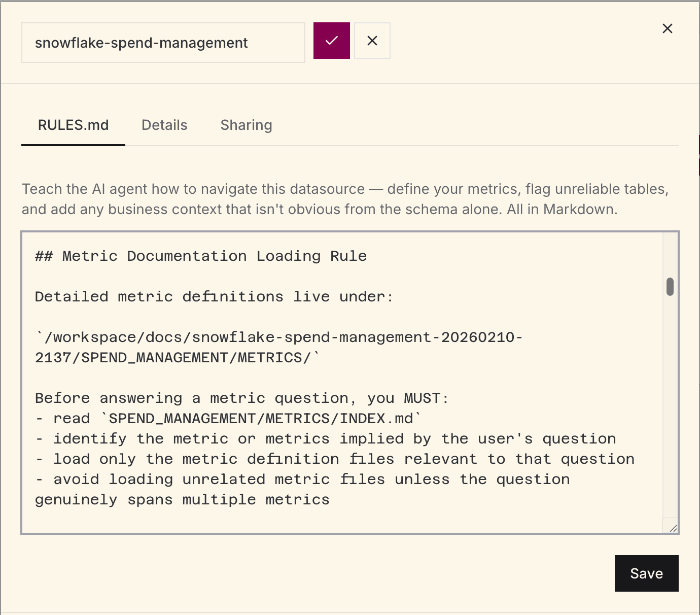 Example of datasource-specific metric definitions captured in RULES.md