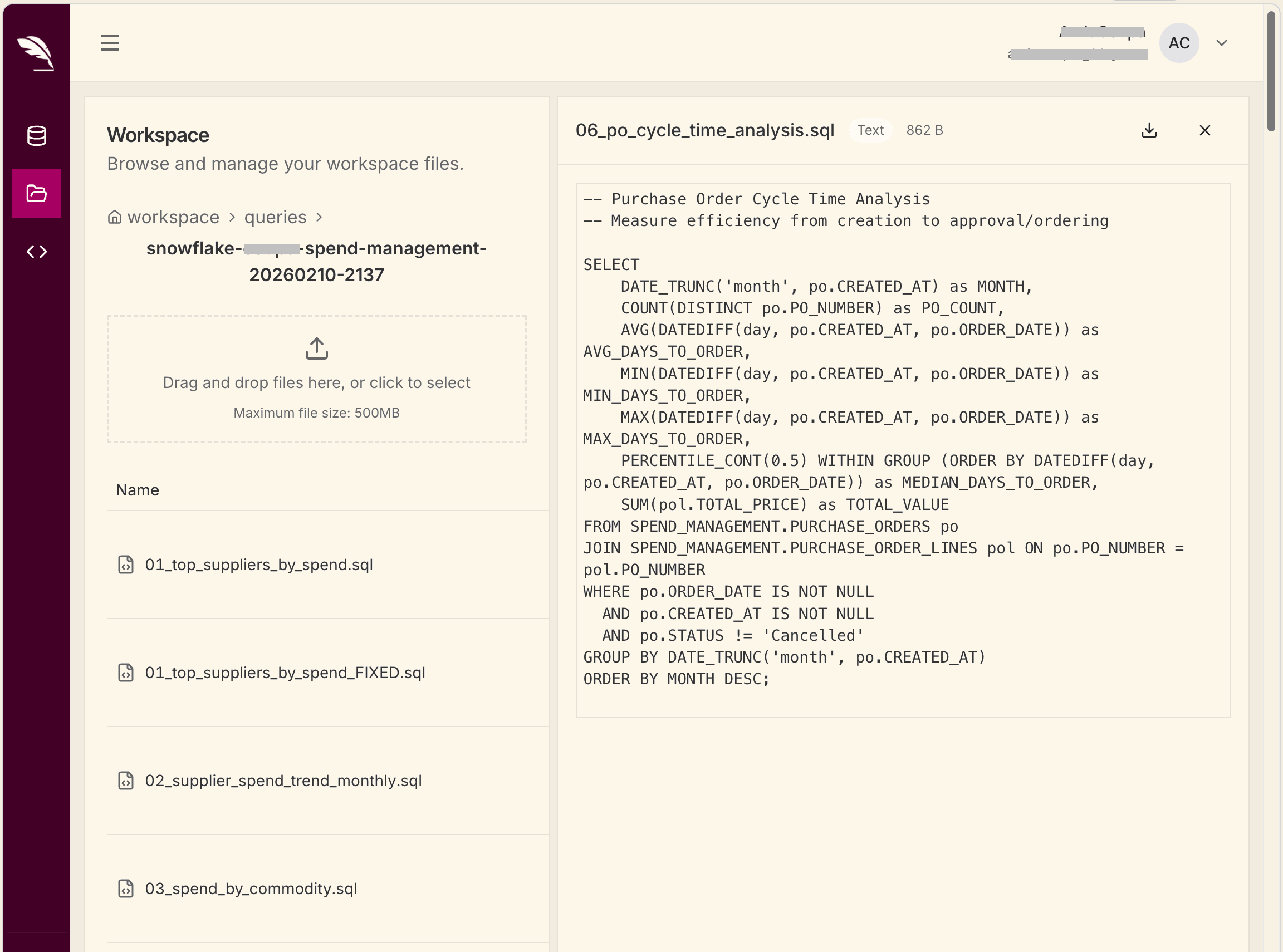 Example of reusable query files persisted in the MarcoPolo workspace